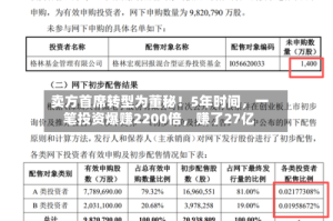卖方首席转型为董秘！5年时间，一笔投资爆赚2200倍，赚了27亿