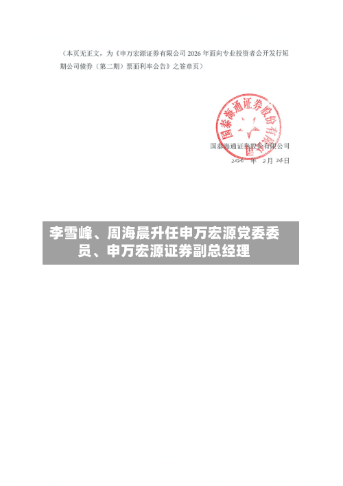 李雪峰、周海晨升任申万宏源党委委员	、申万宏源证券副总经理-第1张图片