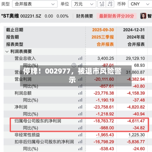 停牌！002977	，被退市风险警示-第2张图片