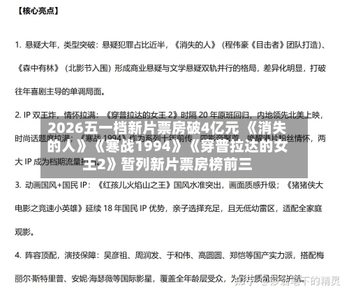 2026五一档新片票房破4亿元 《消失的人》《寒战1994》《穿普拉达的女王2》暂列新片票房榜前三-第1张图片